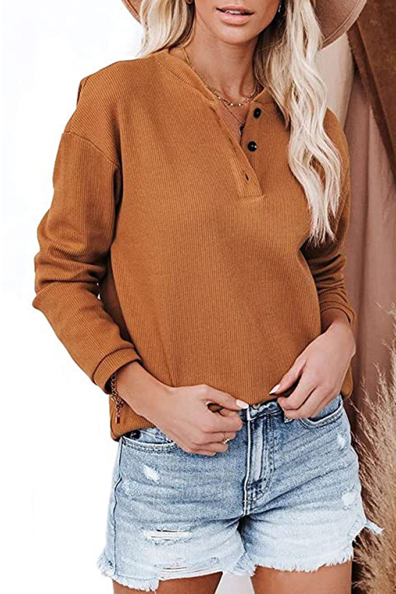 Kaynafashions - Casual Solid Patchwork Buckle O Neck Tops(6 colors)