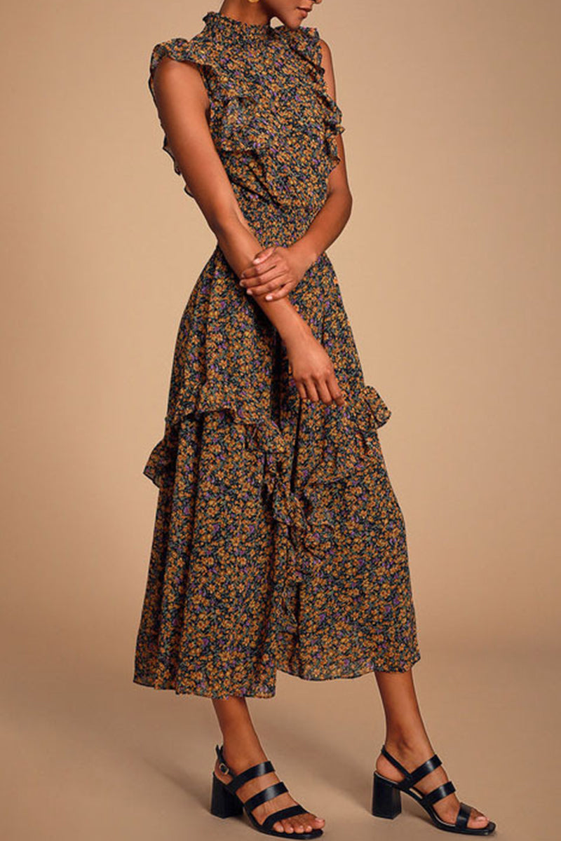 Kaynafashions - Elegant College Floral Patchwork Turtleneck Waist Skirt Dresses