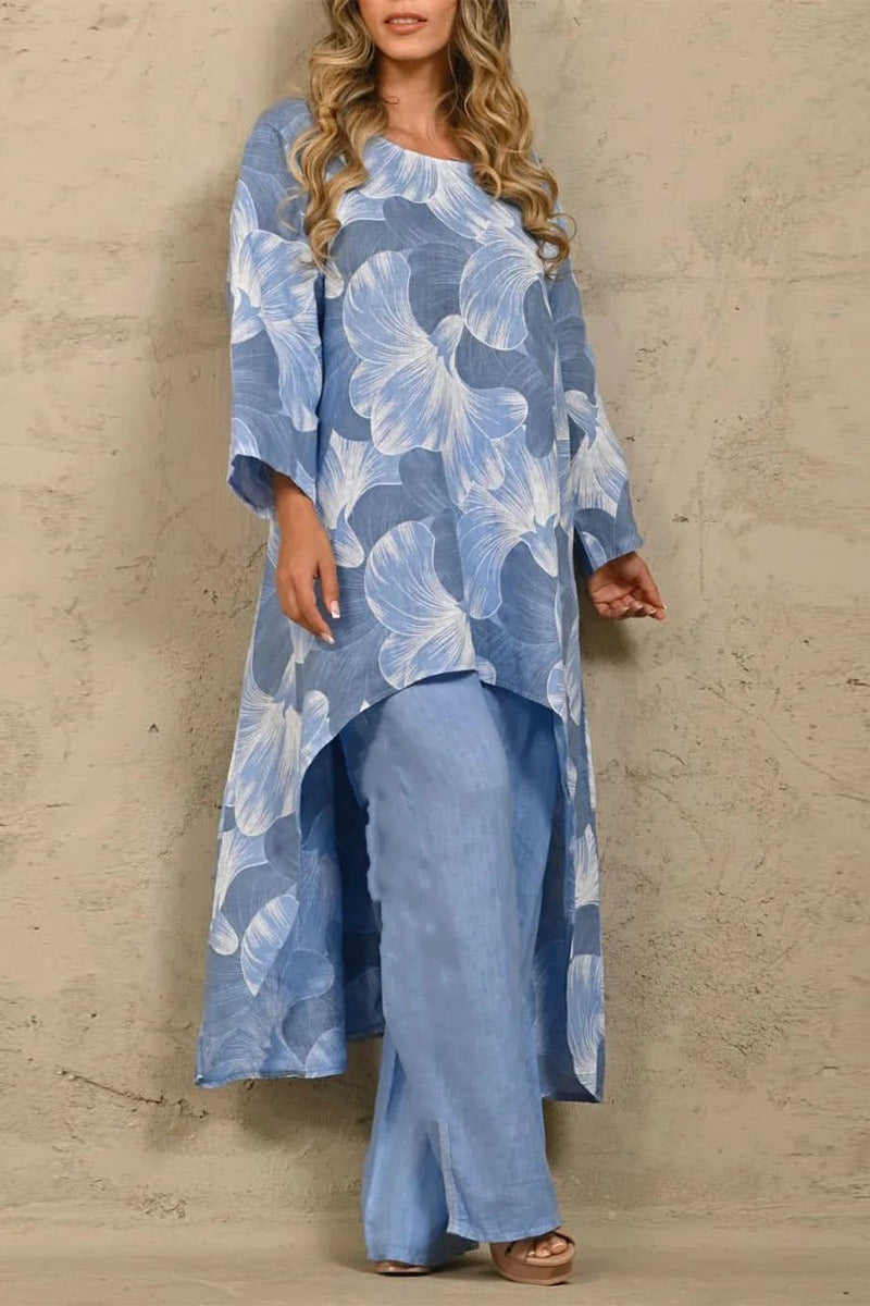 Kaynafashions - Casual Floral Asymmetrical O Neck Long Sleeve Two Pieces