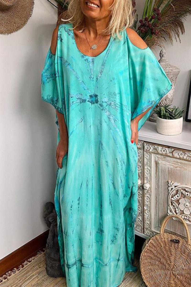 Kaynafashions - Casual Tie Dye Patchwork O Neck Short Sleeve Dress Dresses(4 Colors)