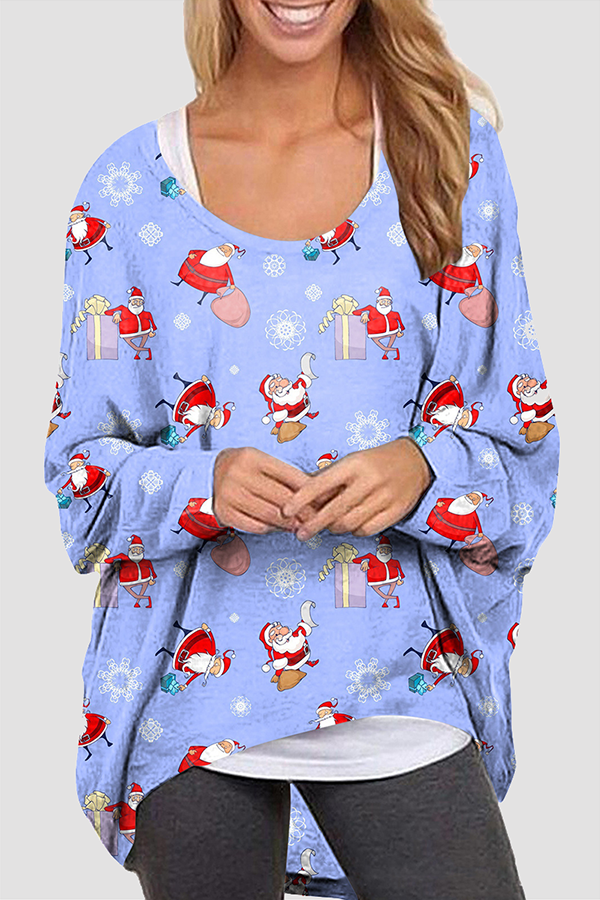 Kaynafashions - Casual Santa Claus Snowman Printed Basic O Neck Tops