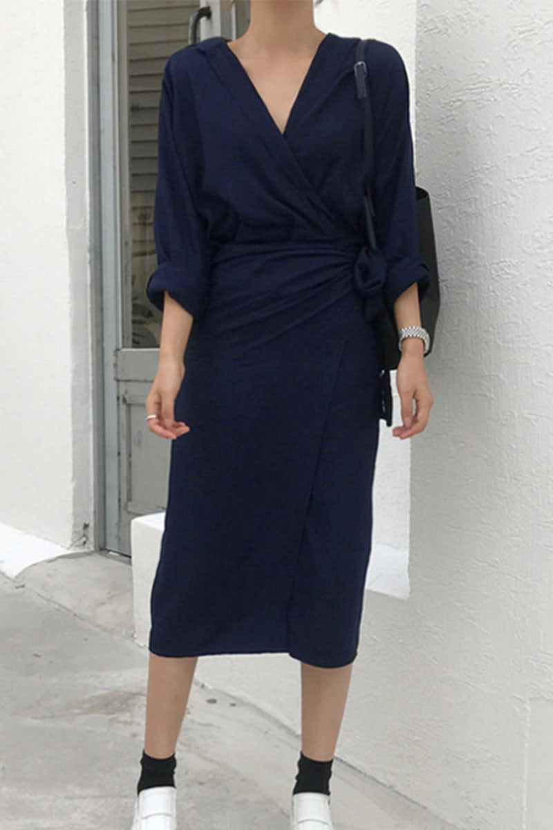 Kaynafashions - Street Solid Bandage Patchwork V Neck Irregular Dress Dresses(3 colors)