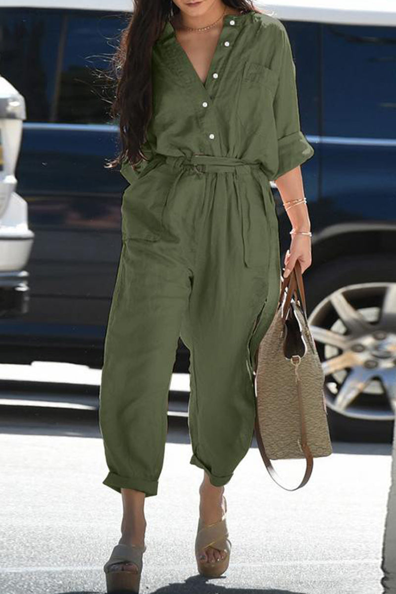 Kaynafashions - Casual Daily Solid Frenulum Turndown Collar Regular Jumpsuits(3 Colors)