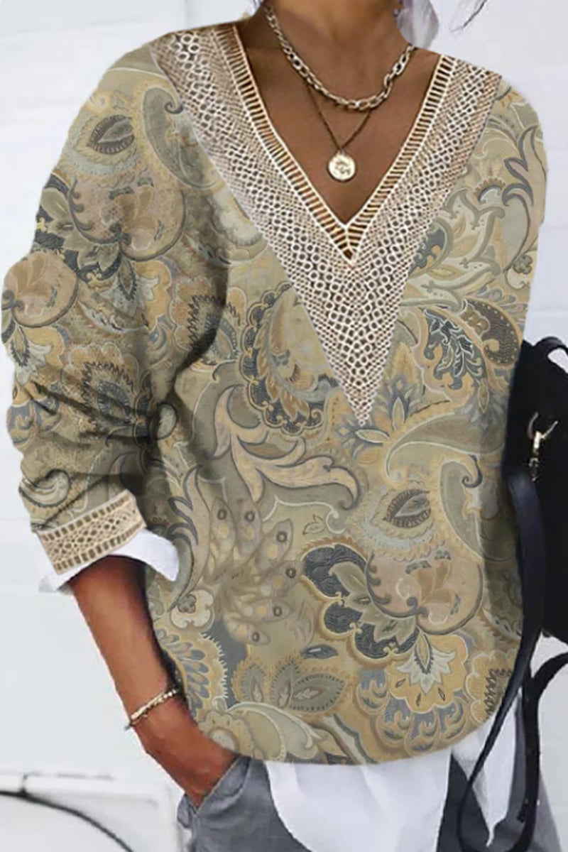 Kaynafashions - Casual Print Patchwork V Neck Tops