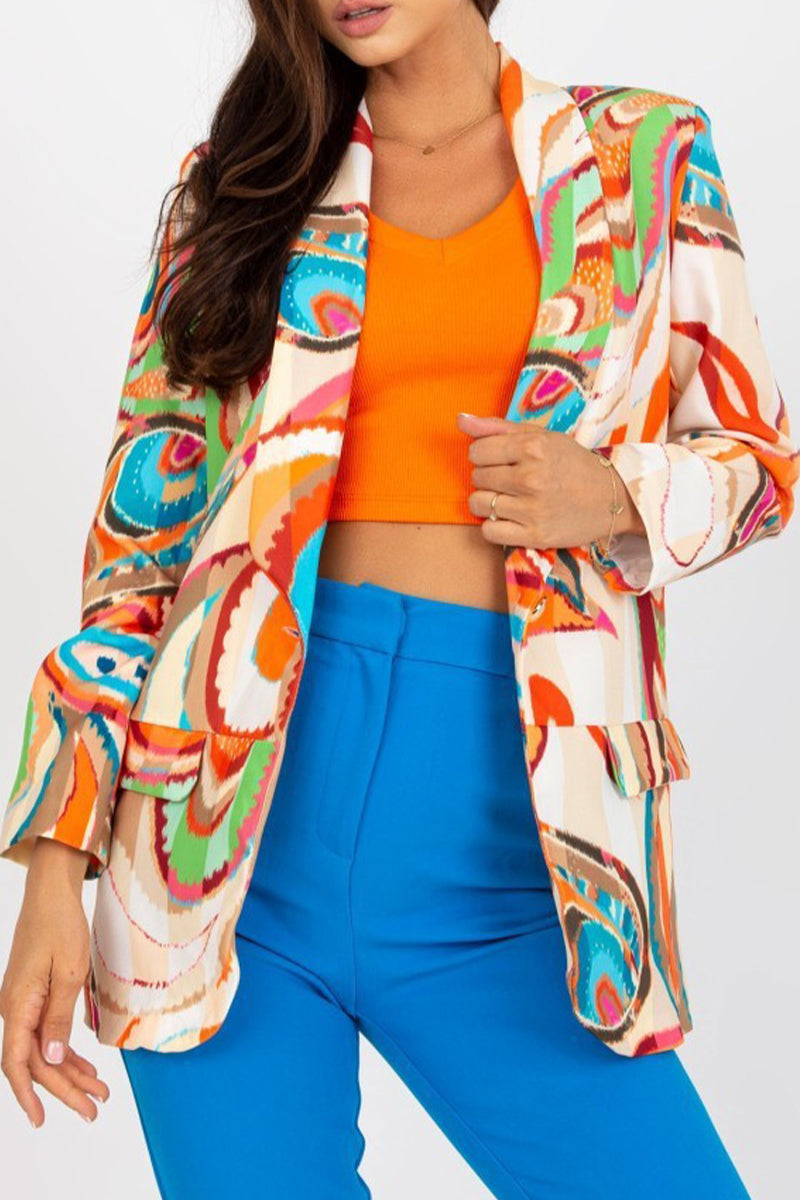 Kaynafashions - Celebrities Elegant Geometric Print Contrast Turn-back Collar Outerwear