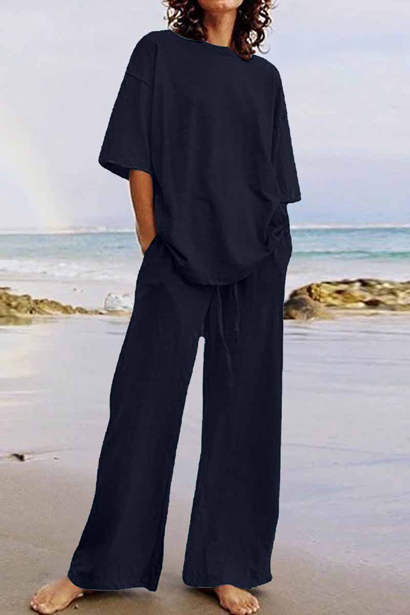 Kaynafashions - Casual Living Solid O Neck Short Sleeve Two Pieces(11 Colors)