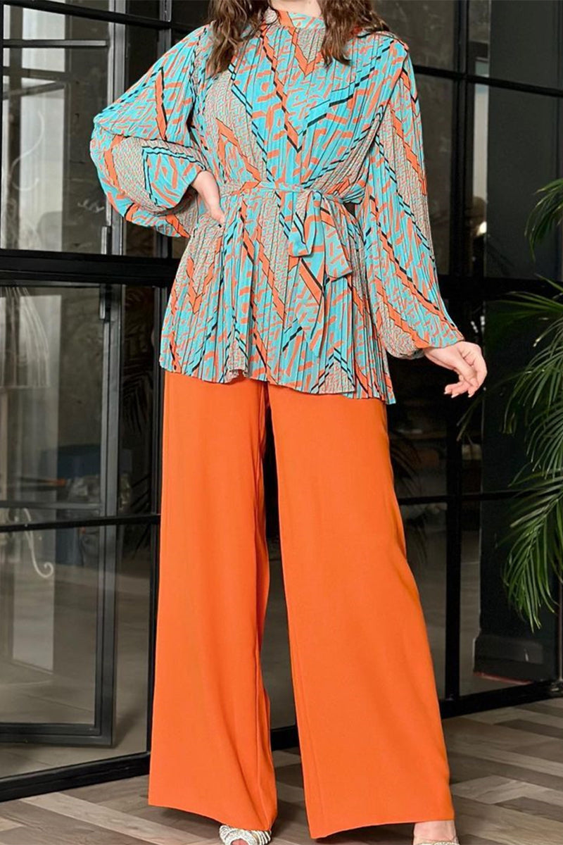 Kaynafashions - Elegant Geometric Print Fold Half A Turtleneck Long Sleeve Two Pieces