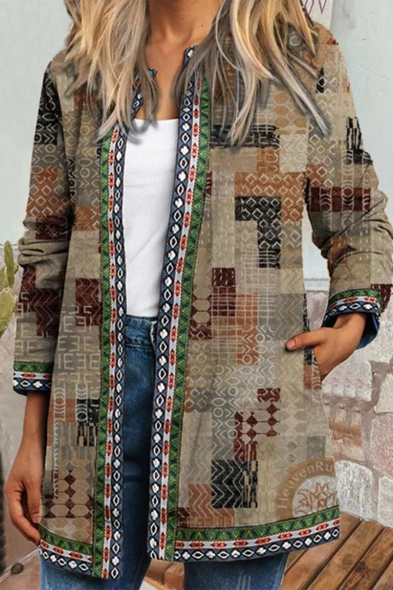 Kaynafashions - Casual Print Pocket O Neck Outerwear