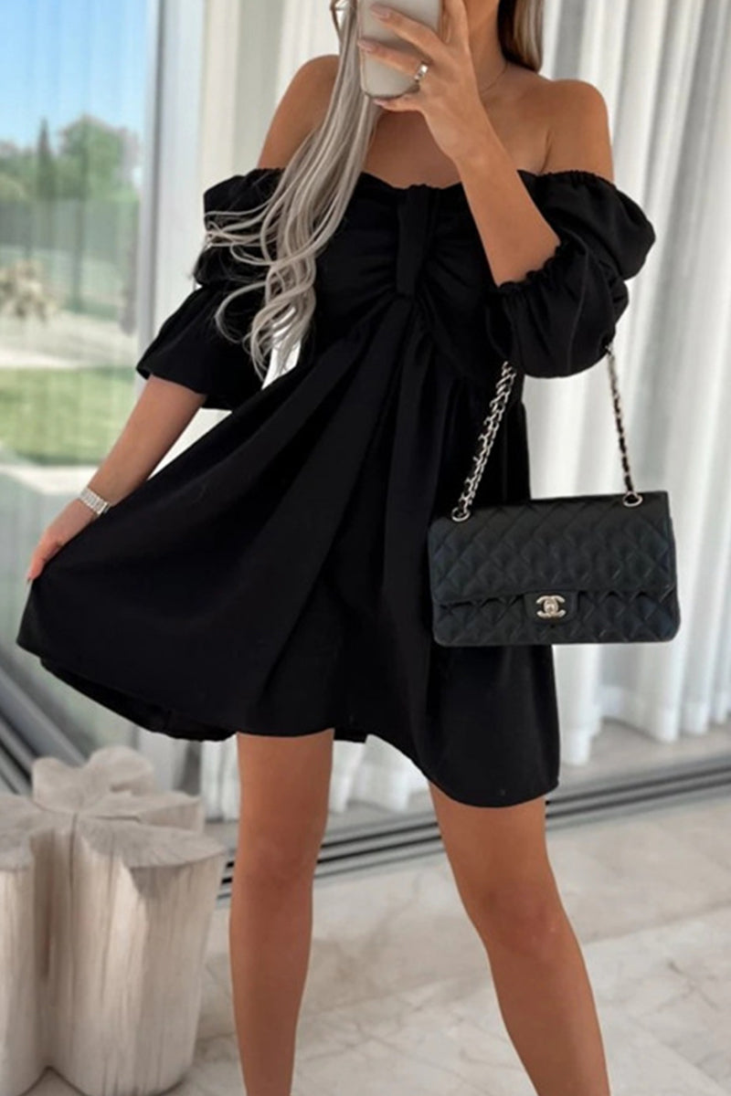 Kaynafashions - Elegant Simplicity Solid With Bow Off the Shoulder A Line Dresses(4 Colors)