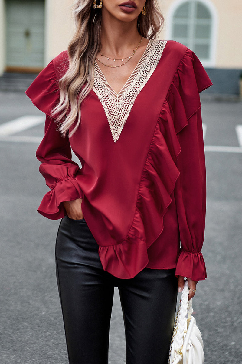 Kaynafashions - Elegant Solid Patchwork V Neck Tops