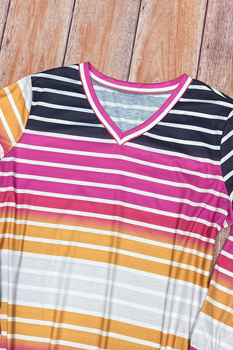 Kaynafashions - Casual Striped Contrast V Neck Plus Size Tops