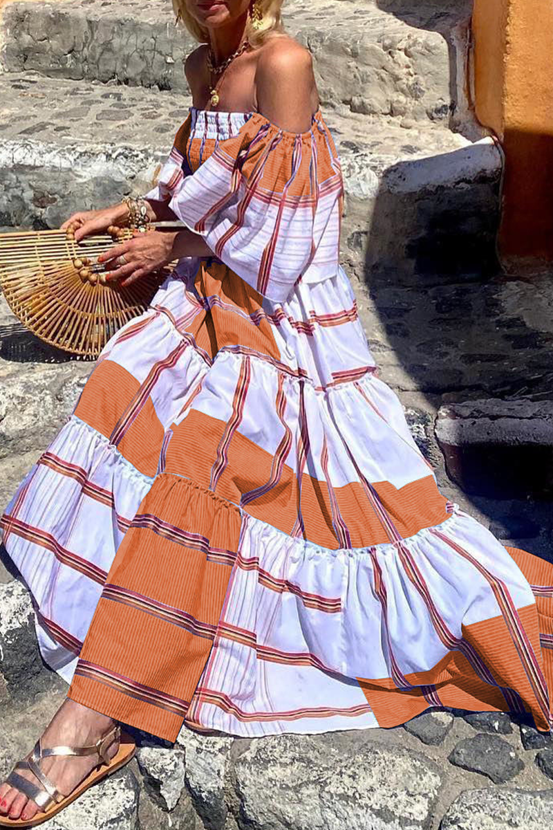 Kaynafashions - Fashion Print Patchwork Off the Shoulder Cake Skirt Dresses(3 Colors)