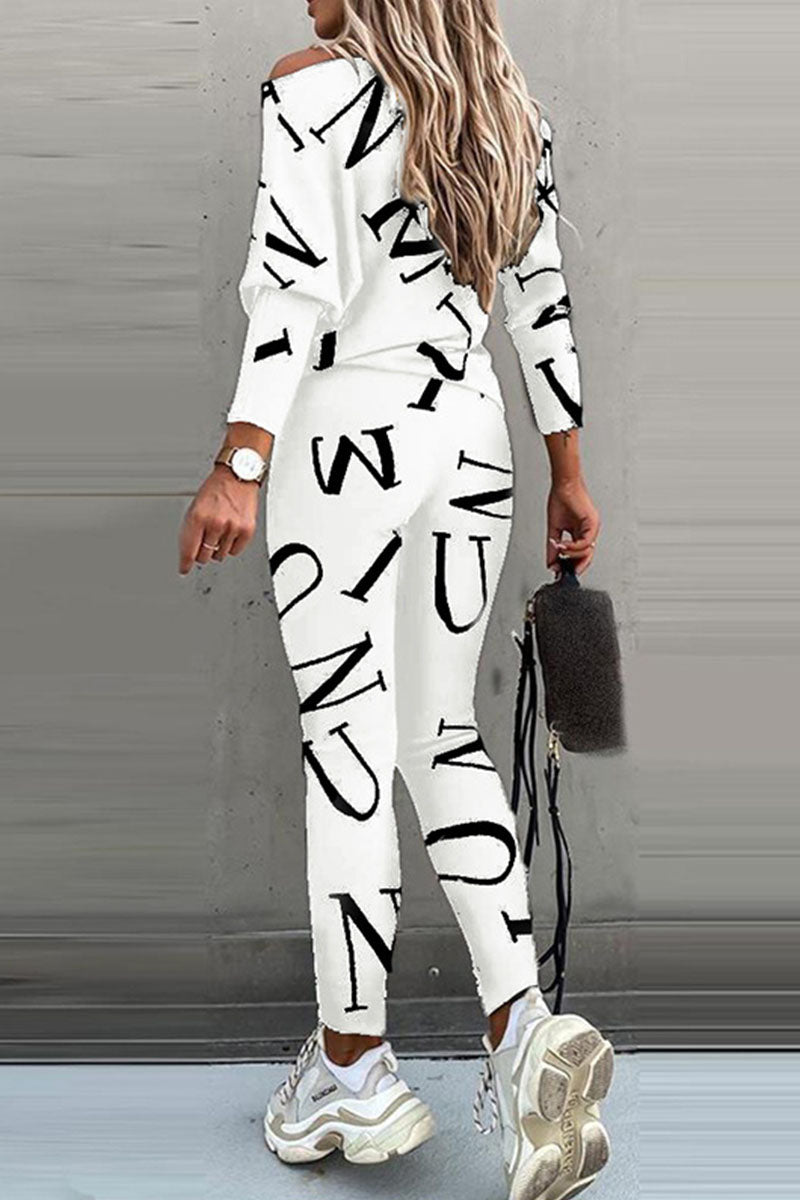 Kaynafashions - Fashion Casual Letter Oblique Collar Long Sleeve Two Pieces