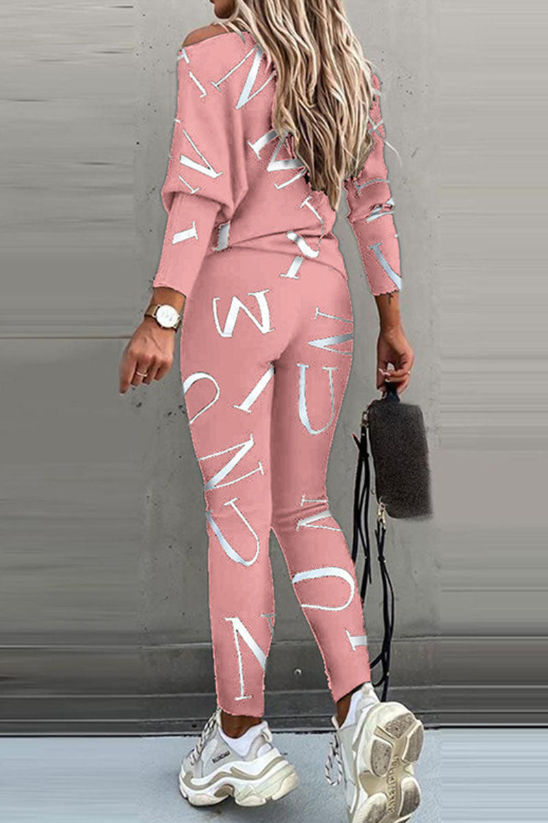 Kaynafashions - Fashion Casual Letter Oblique Collar Long Sleeve Two Pieces