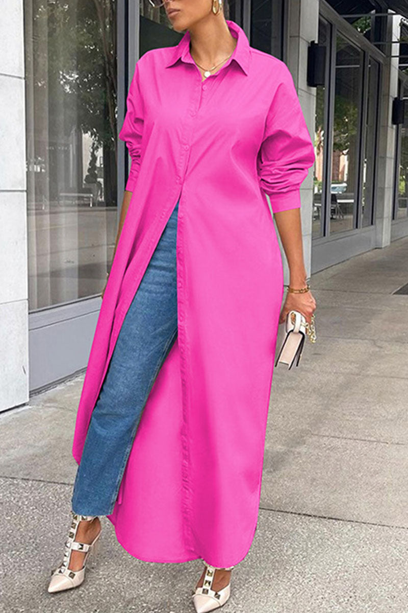 Kaynafashions - Casual Solid Patchwork Buckle Turndown Collar Tops