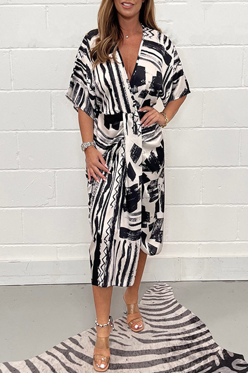 Kaynafashions - Elegant Geometric Printing V Neck Irregular Dress Dresses