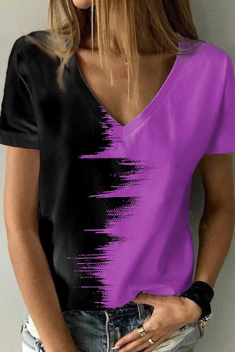 Kaynafashions - Street Print Patchwork V Neck T-Shirts(12 Colors)