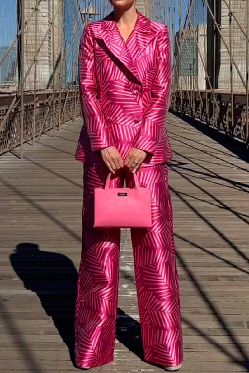 Kaynafashions - Geometric Print Patchwork Turn-back Collar Long Sleeve Two Pieces