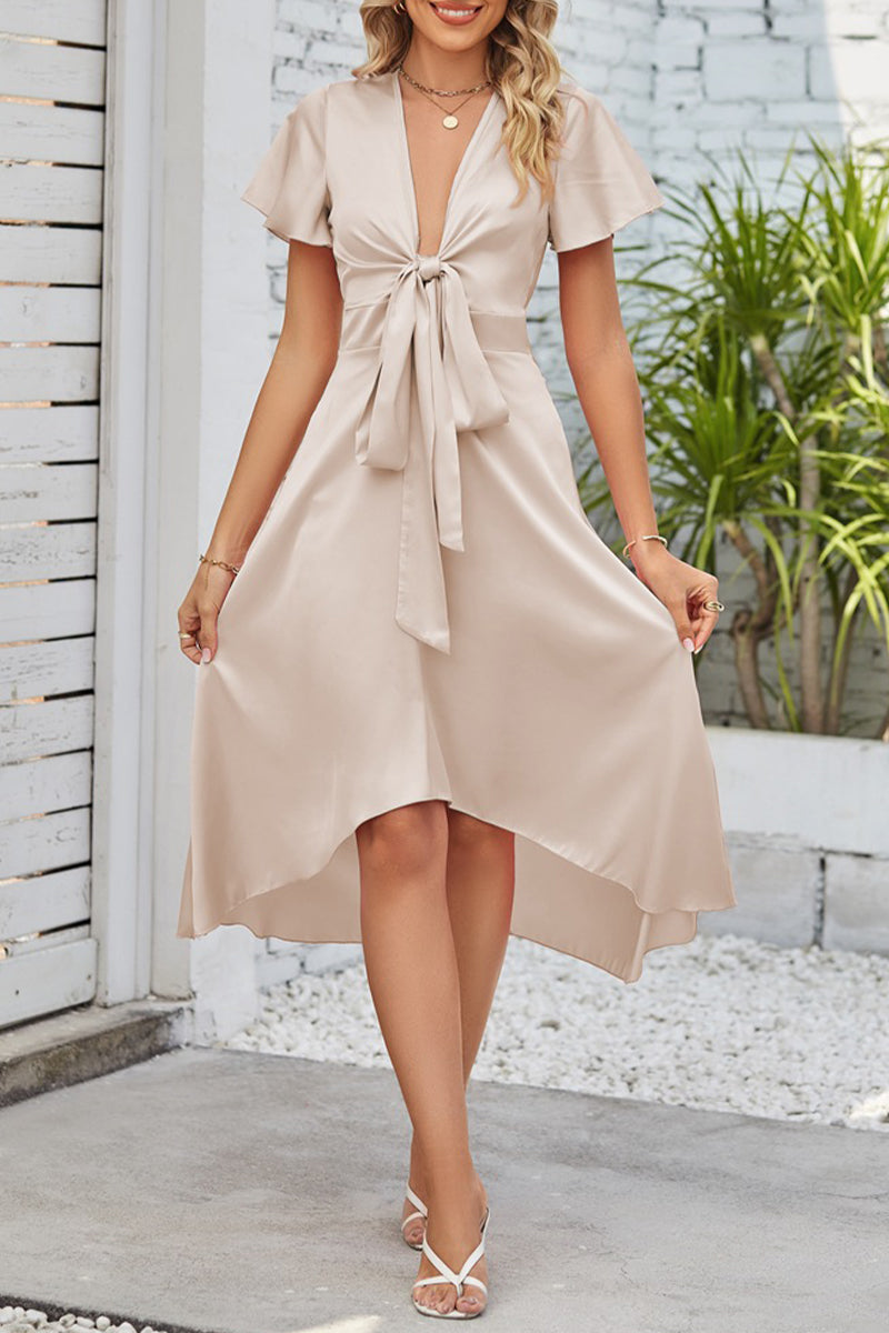 Kaynafashions - Celebrities Elegant Solid Fold With Bow V Neck A Line Dresses(9 Colors)
