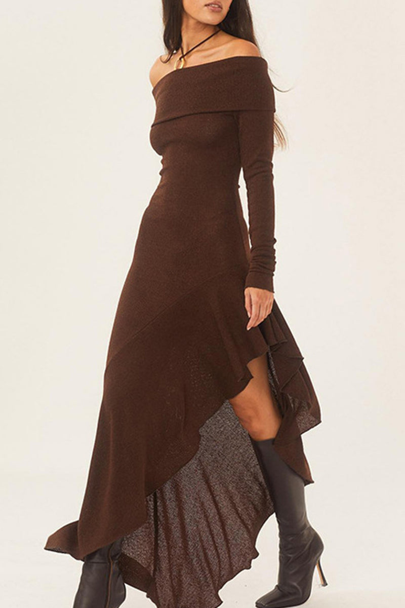 Kaynafashions - Sexy Solid Flounce Off the Shoulder Irregular Dress Dresses