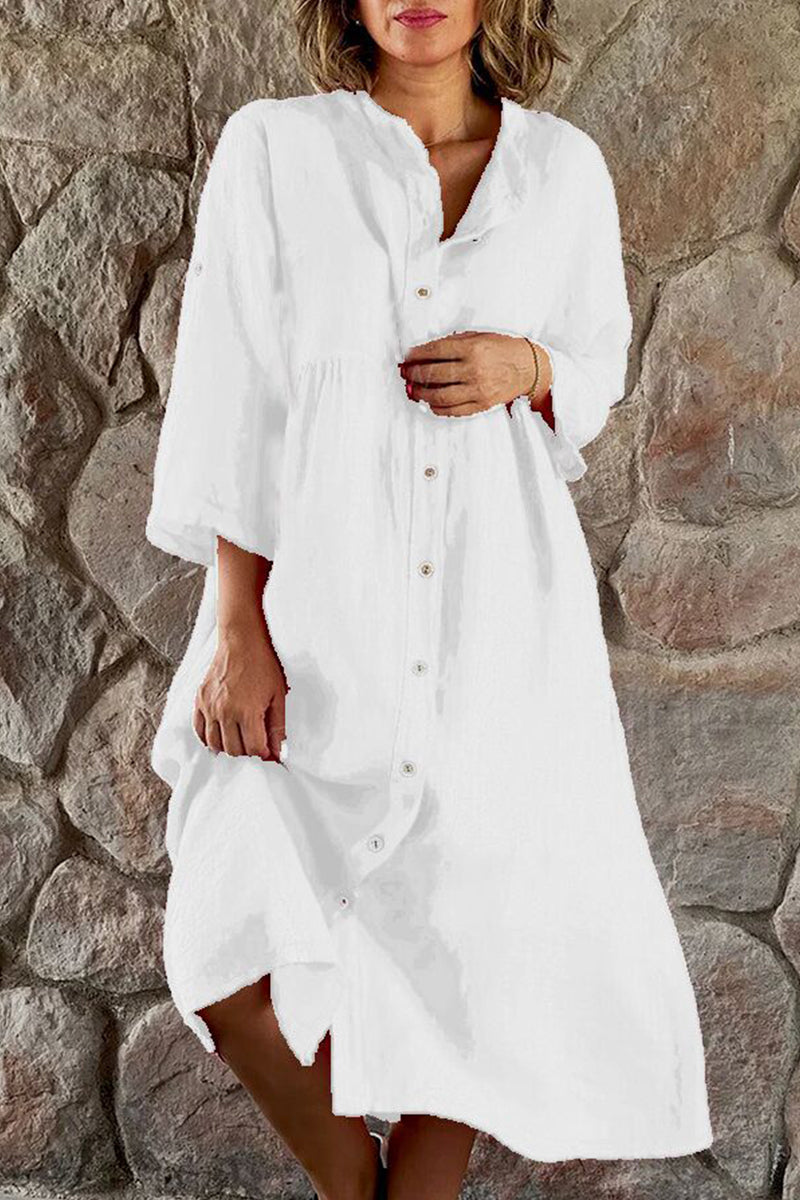 Kaynafashions - Casual Simplicity Solid Buttons Mandarin Collar Shirt Dress Dresses(5 Colors)