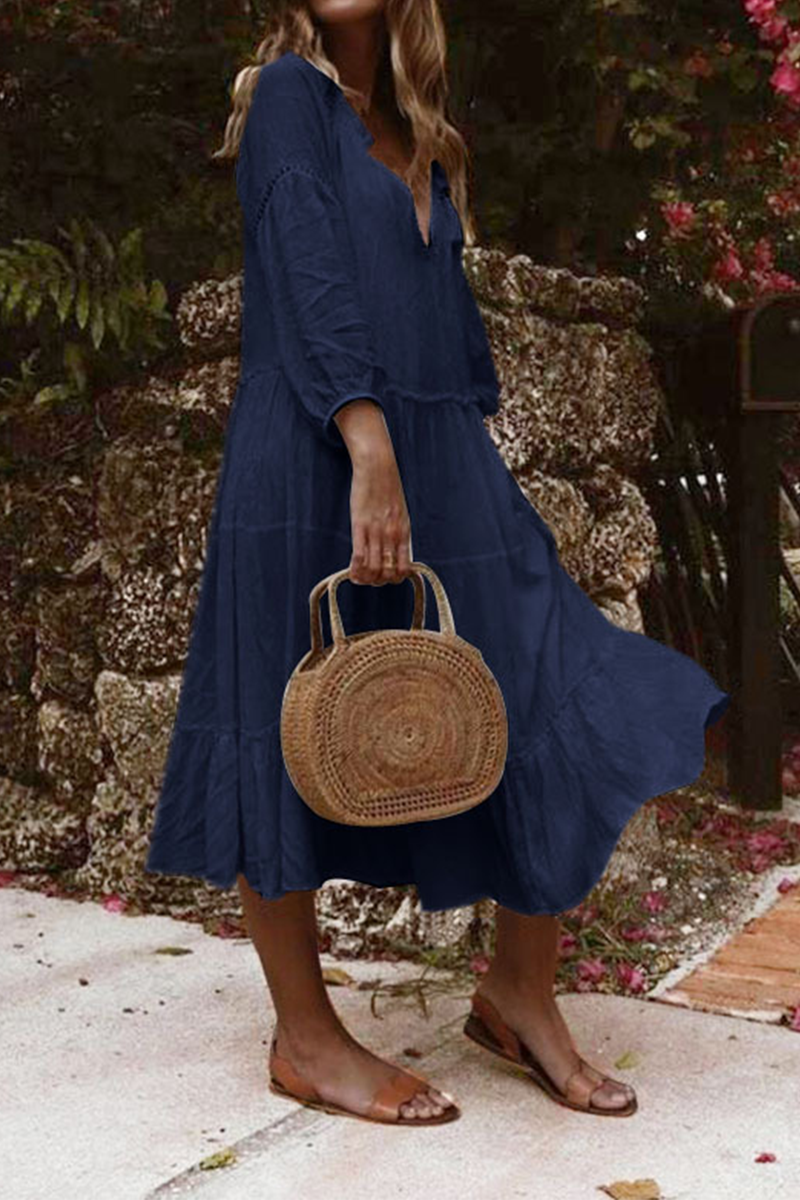 Kaynafashions - Fashion Solid Patchwork V Neck Cake Skirt Dresses