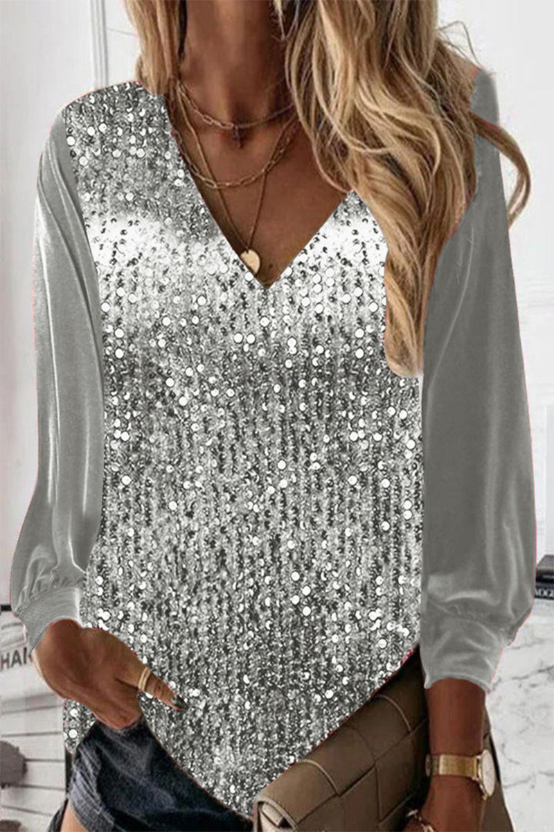Kaynafashions - Casual Solid Sequins V Neck Tops