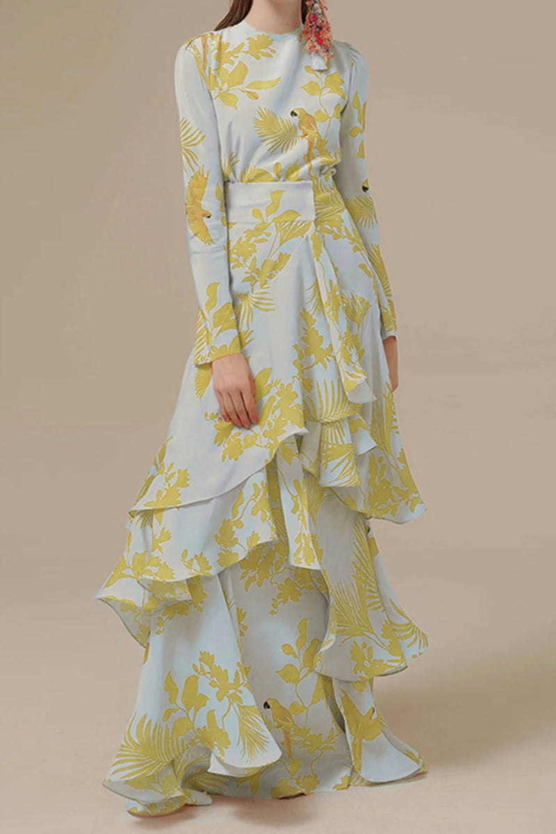 Kaynafashions - Elegant Floral Asymmetrical O Neck Irregular Dress Dresses