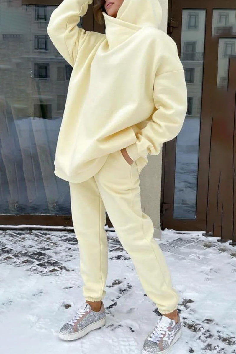 Kaynafashions - Casual Solid Pocket Hooded Collar Long Sleeve Two Pieces