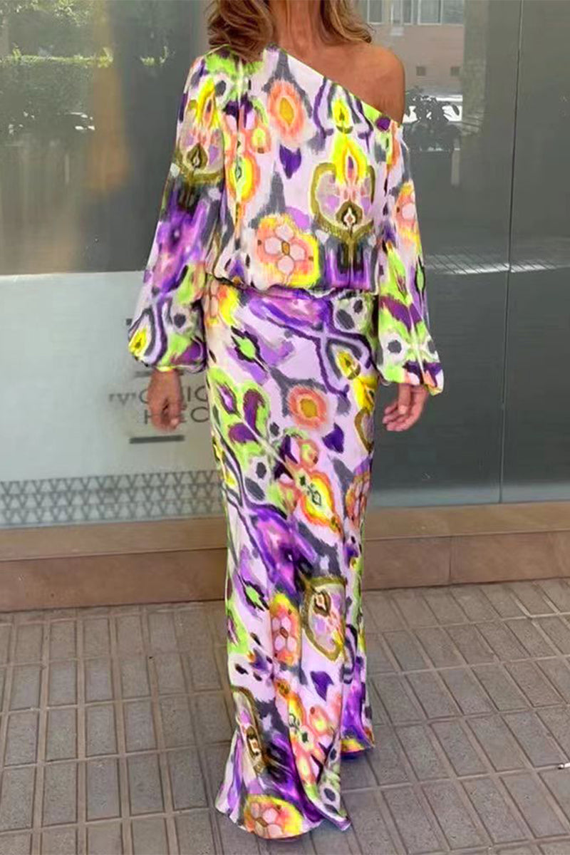 Kaynafashions - Sexy Floral Asymmetrical Oblique Collar Long Sleeve Two Pieces(7 Colors)