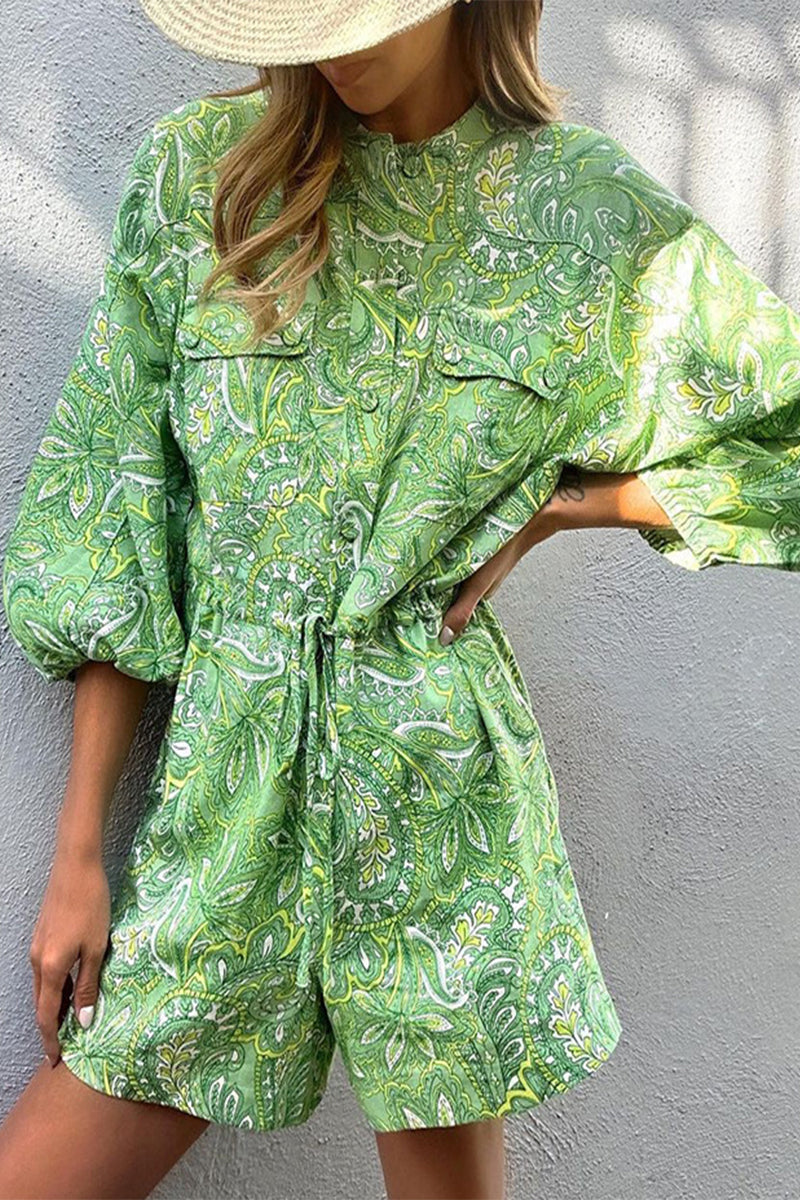 Kaynafashions - Casual Print Frenulum Mandarin Collar Loose Jumpsuits