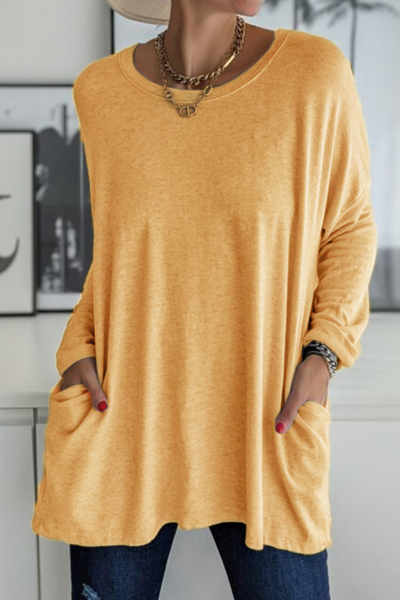 Kaynafashions - Casual Solid Patchwork Pocket O Neck Tops