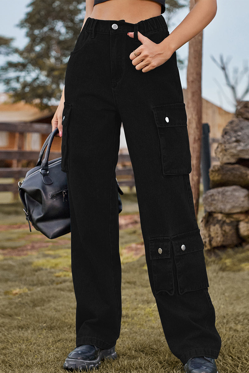 Kaynafashions - Street Solid Pocket Mid Waist Loose Denim Jeans