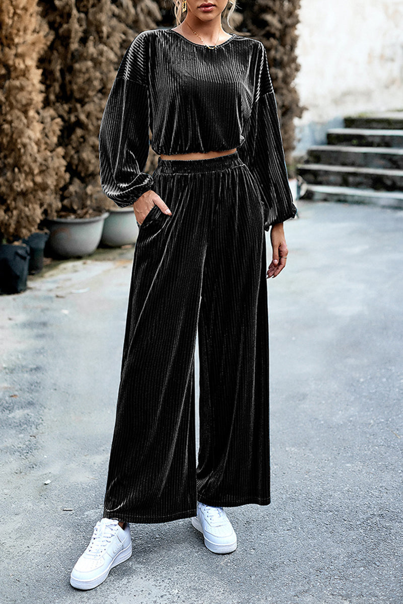 Kaynafashions - Elegant Solid Pocket O Neck Long Sleeve Two Pieces