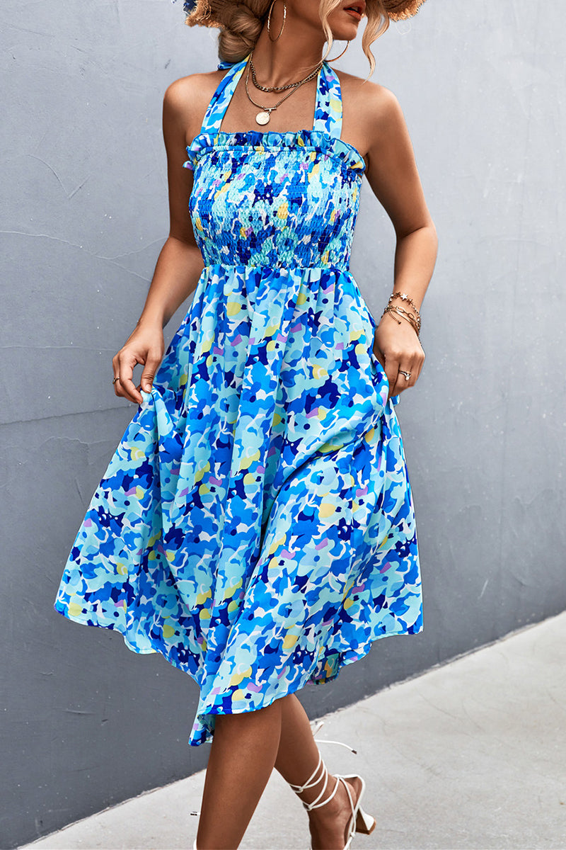 Kaynafashions - Sweet Print Frenulum Printing Halter A Line Dresses