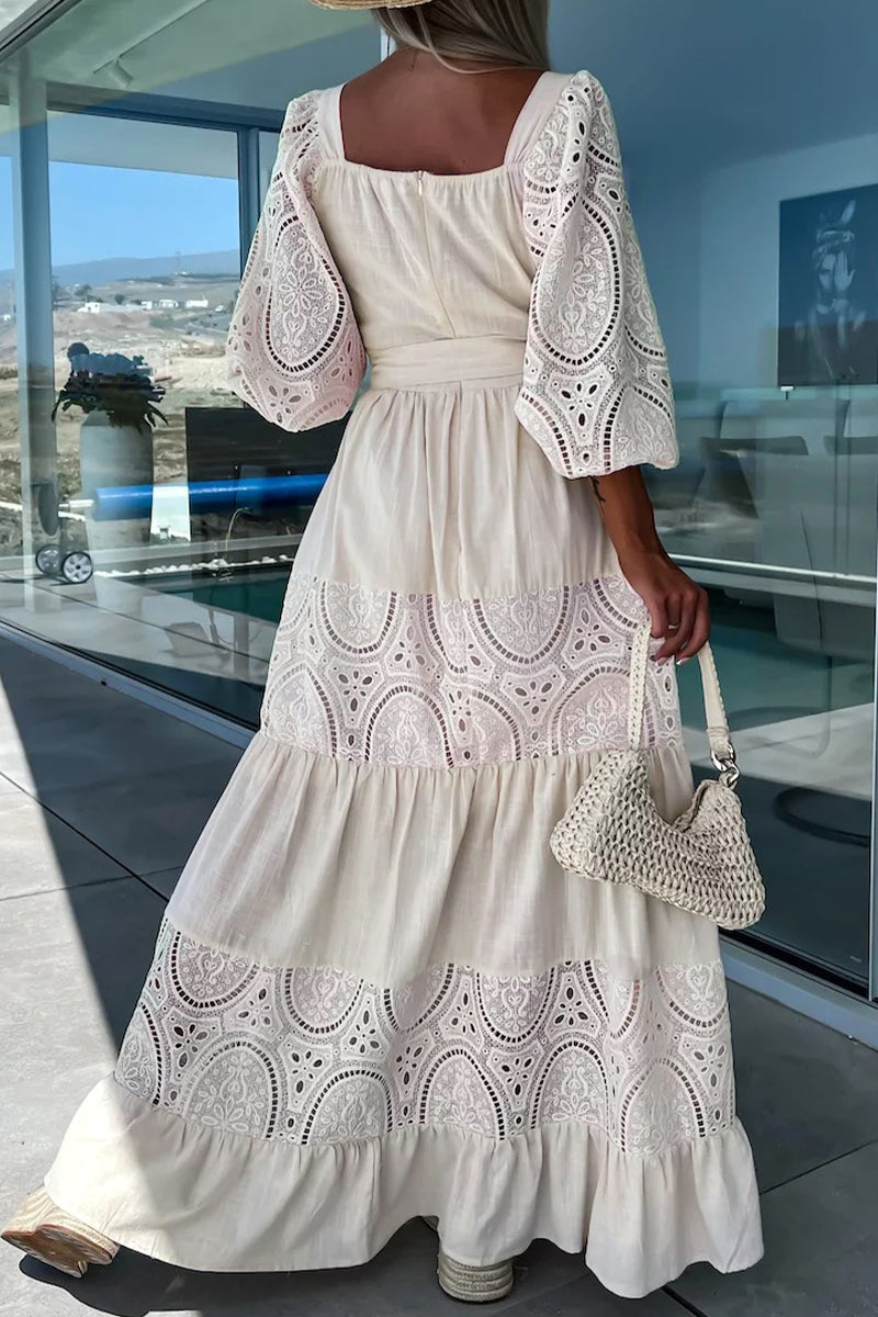 Kaynafashions - Elegant Solid Hollowed Out Frenulum Square Collar A Line Dresses