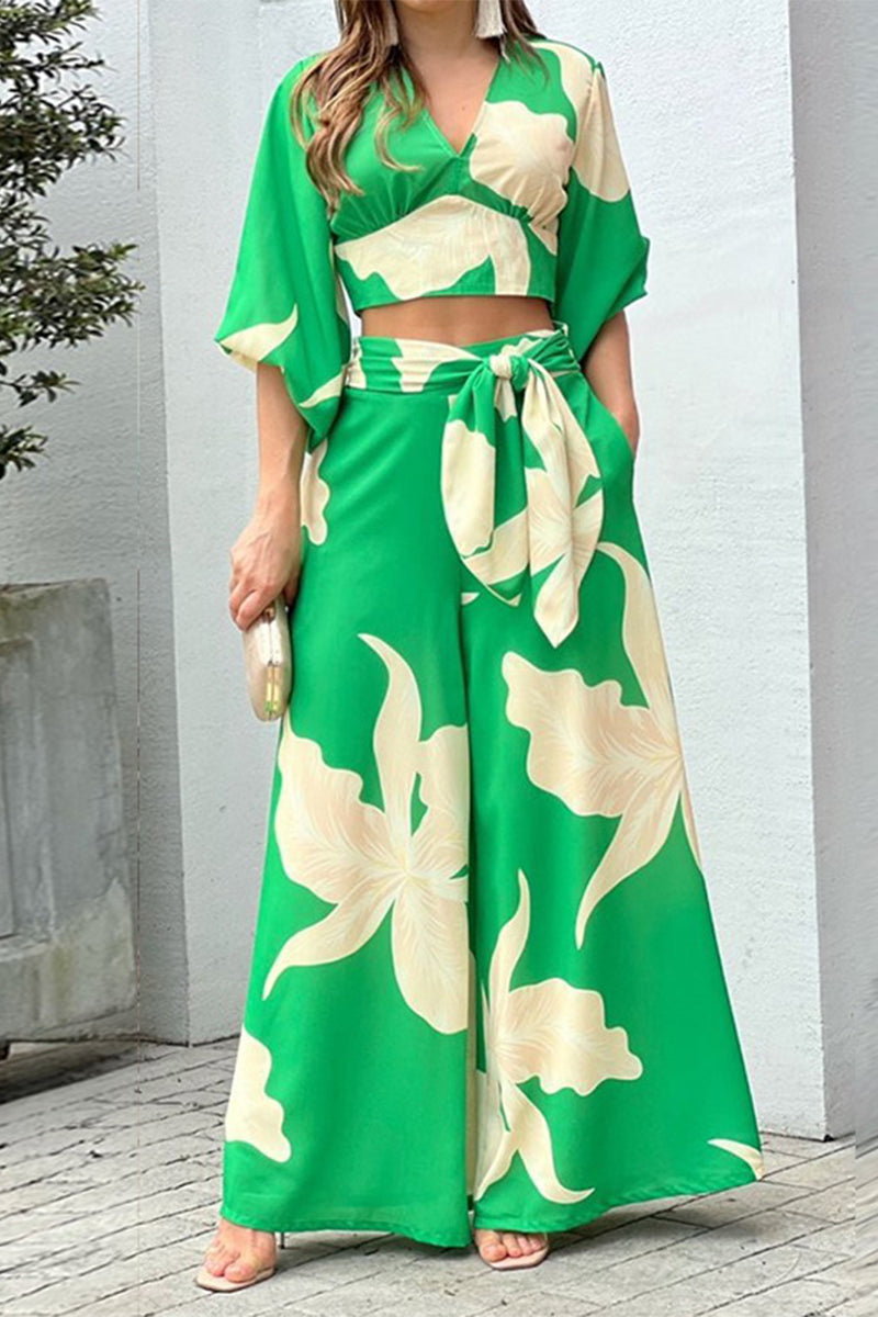 Kaynafashions - Elegant Print Frenulum V Neck Half Sleeve Two Pieces(10 Colors)
