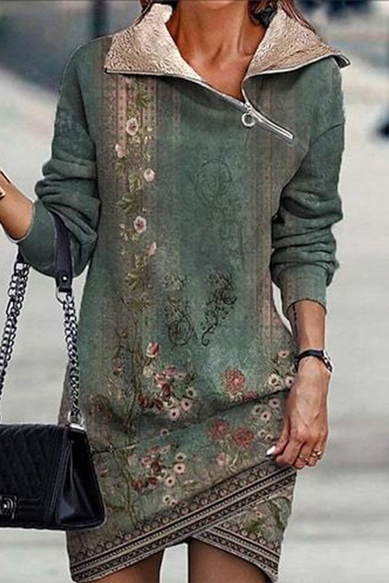 Kaynafashions - Casual Print Patchwork Oblique Collar A Line Dresses