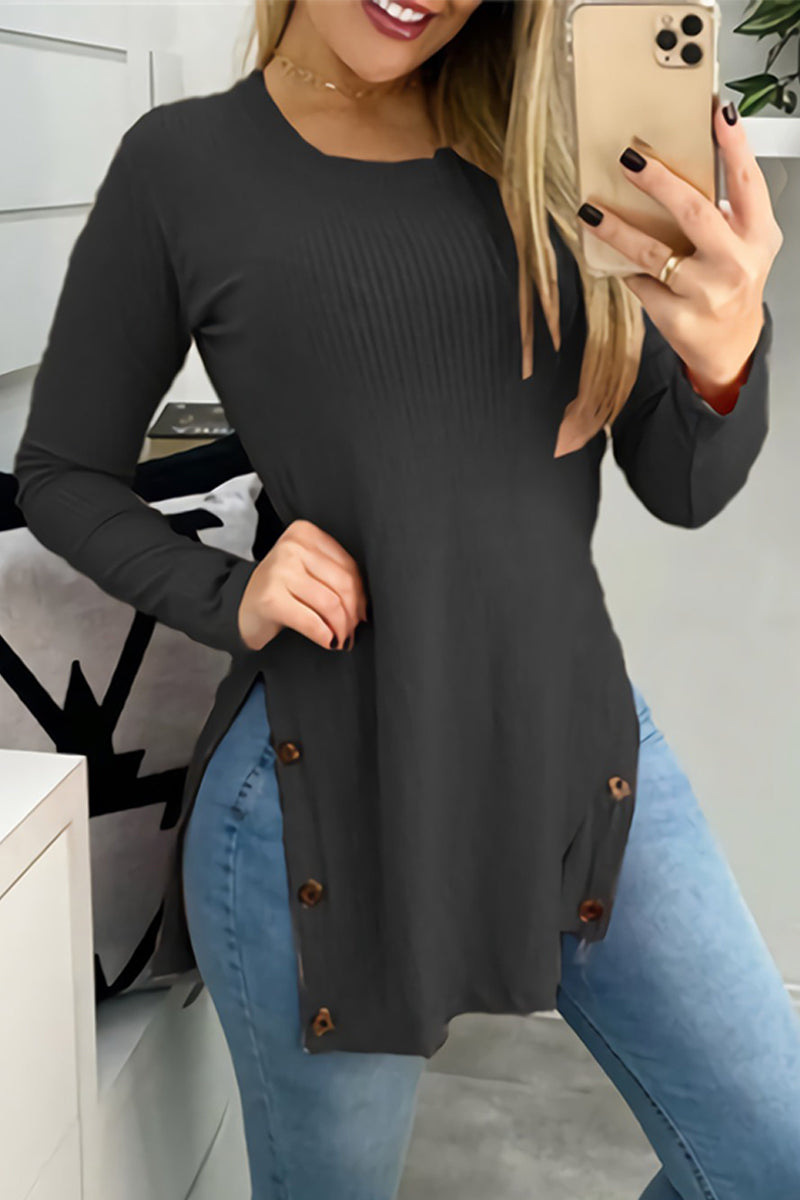 Kaynafashions - Street  Buttons Solid Color O Neck Tops(7 Colors)