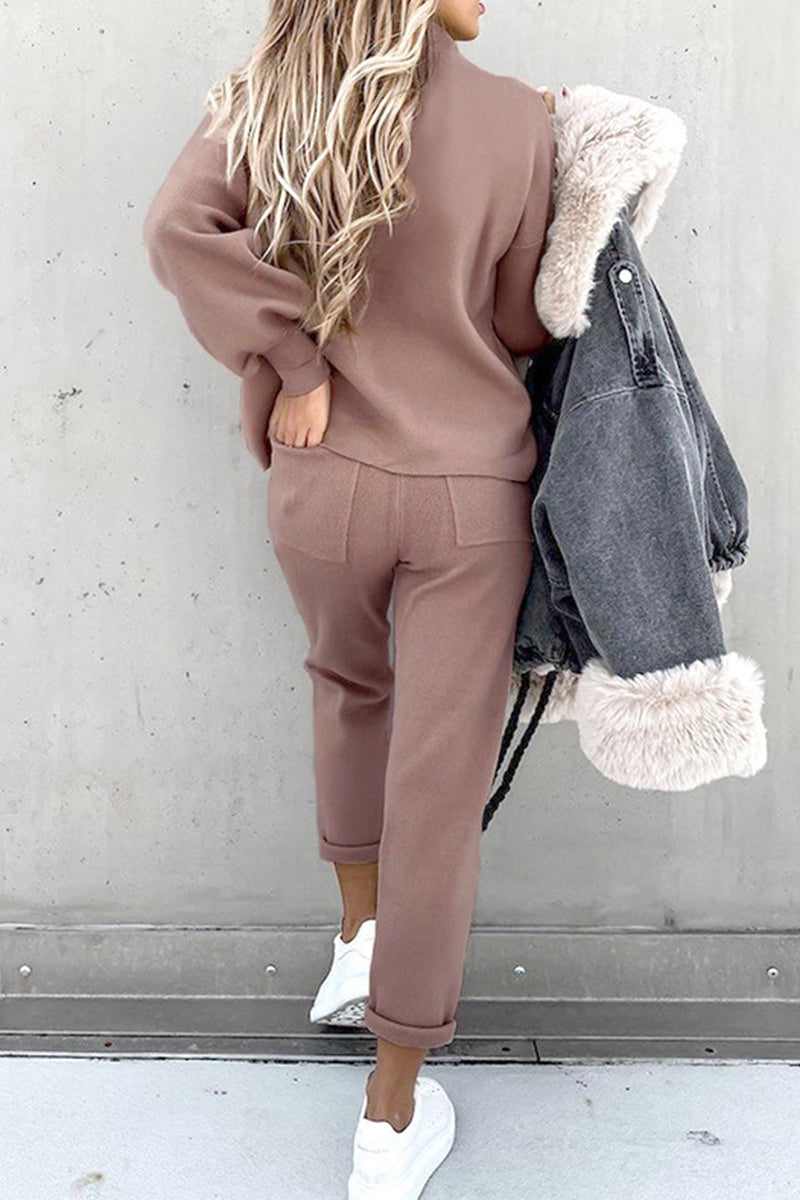 Kaynafashions - Casual Simplicity Solid Patchwork Half A Turtleneck Long Sleeve Two Pieces