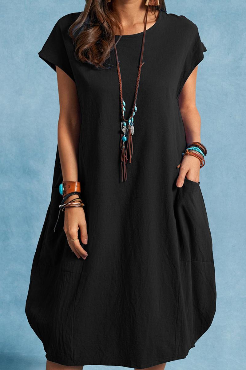 Kaynafashions - Casual Solid Patchwork O Neck Straight Dresses(5 colors)