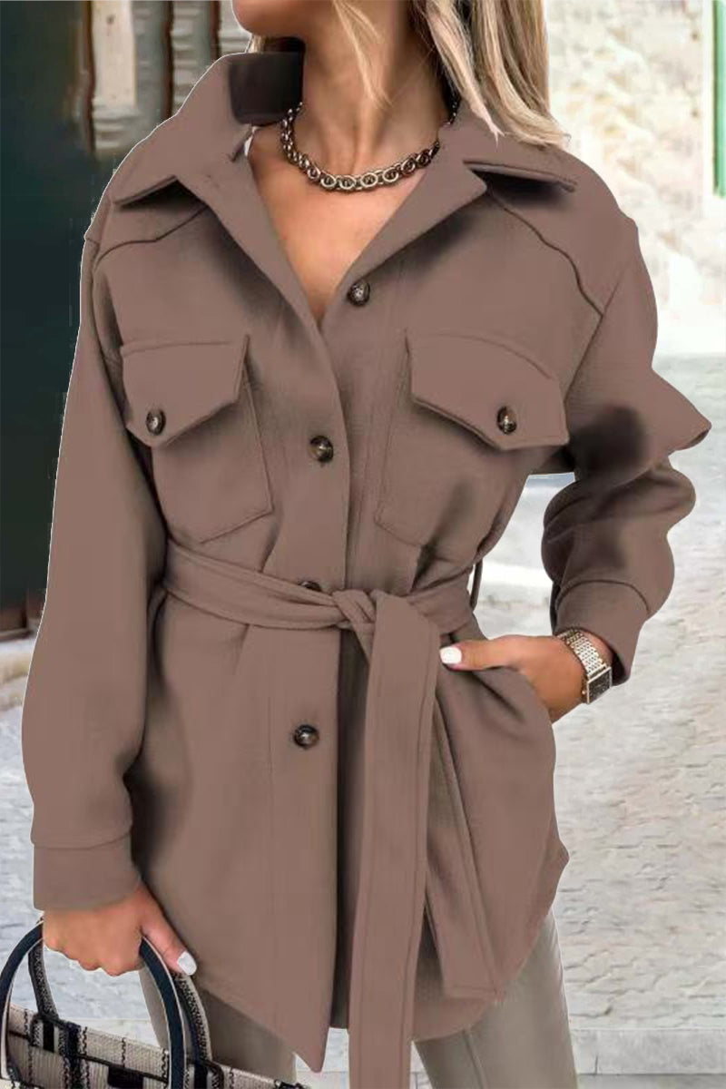 Kaynafashions - Solid With Belt Turn-back Collar Outerwear(8 colors)