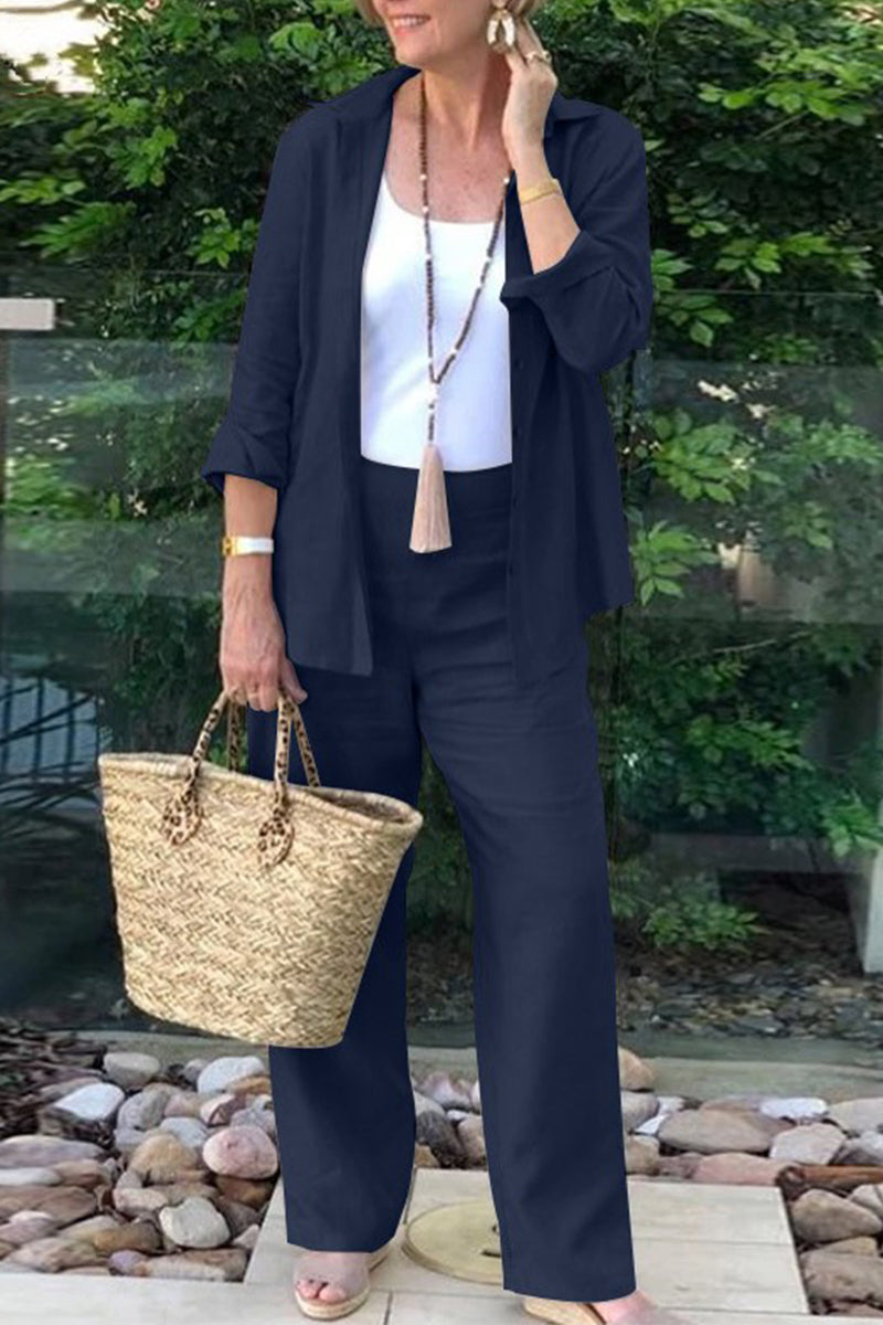 Kaynafashions - Casual Daily Solid Turndown Collar Long Sleeve Two Pieces