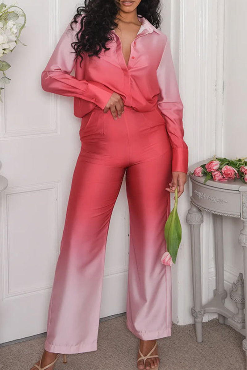 Kaynafashions - Casual Gradual Change Contrast Turndown Collar Long Sleeve Two Pieces(8 Colors)