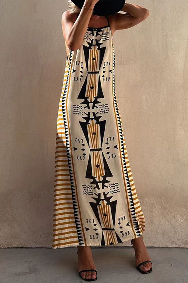 Kaynafashions - Sexy College Geometric Print Patchwork Square Collar Sling Dress Dresses