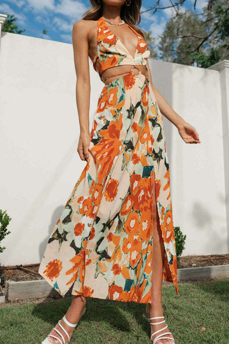 Kaynafashions - Sexy Floral Backless V Neck Printed Dress Dresses