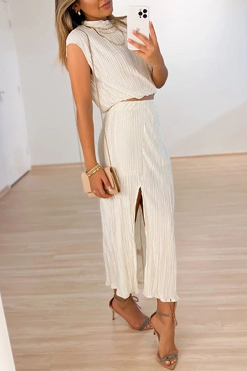 Kaynafashions - Sweet Elegant Solid Slit Fold Half A Turtleneck Two Pieces(5 Colors)