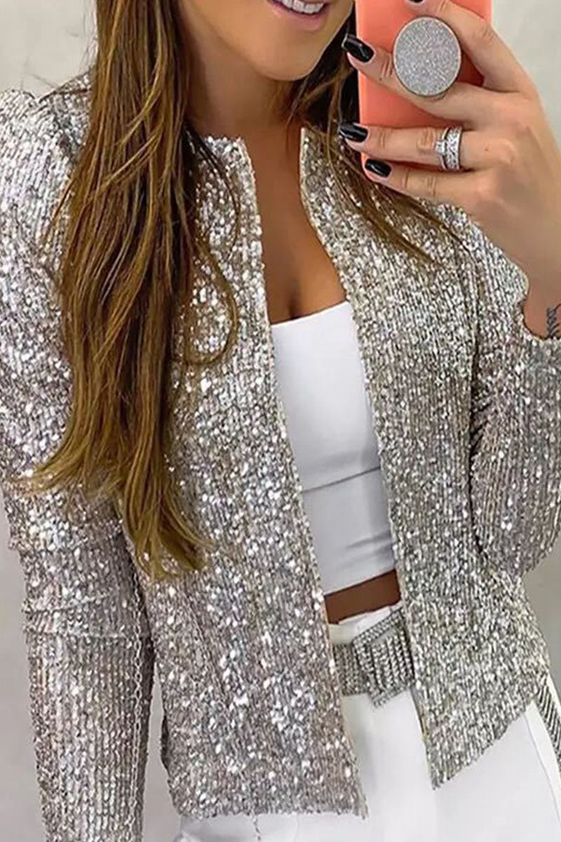 Kaynafashions - Casual Solid Sequins Patchwork Outerwear(5 Colors)