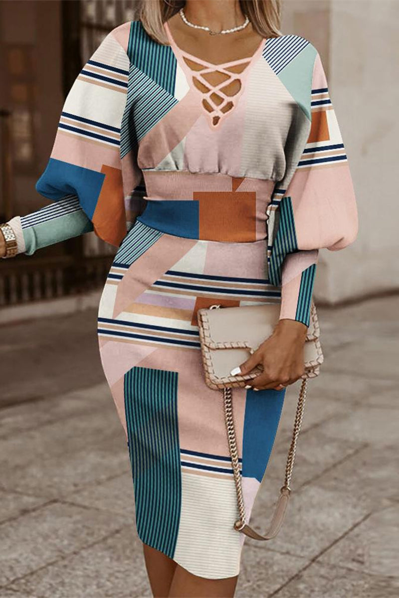 Kaynafashions - Elegant Print Bandage V Neck Wrapped Skirt Dresses