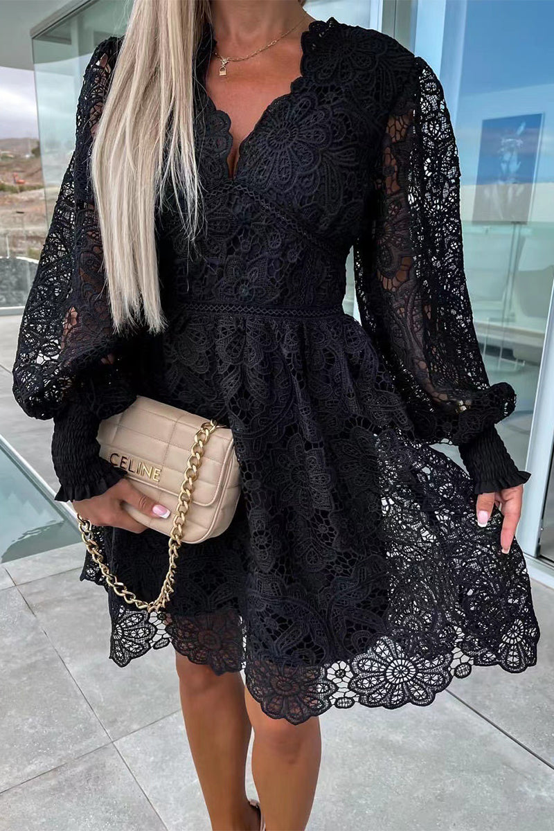 Kaynafashions - Sexy Celebrities Solid Lace Embroidered V Neck A Line Dresses
